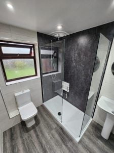 Beautifully designed bathroom with modern fixtures and tiles.