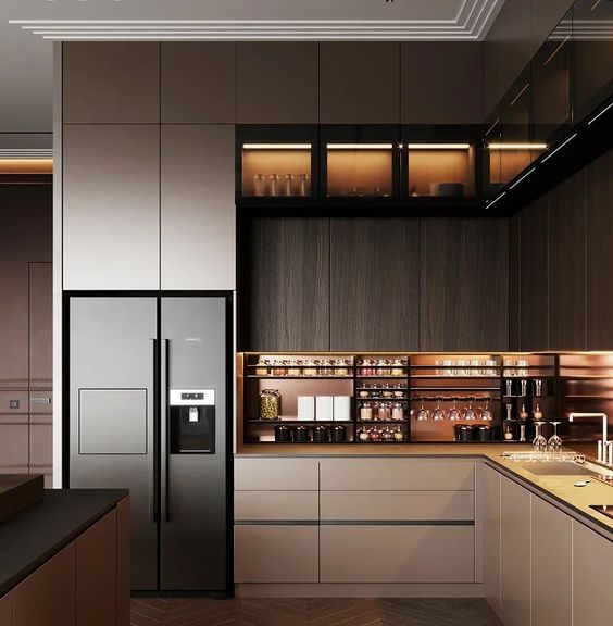 Sleek and modern kitchen with sleek cabinetry and integrated appliances.