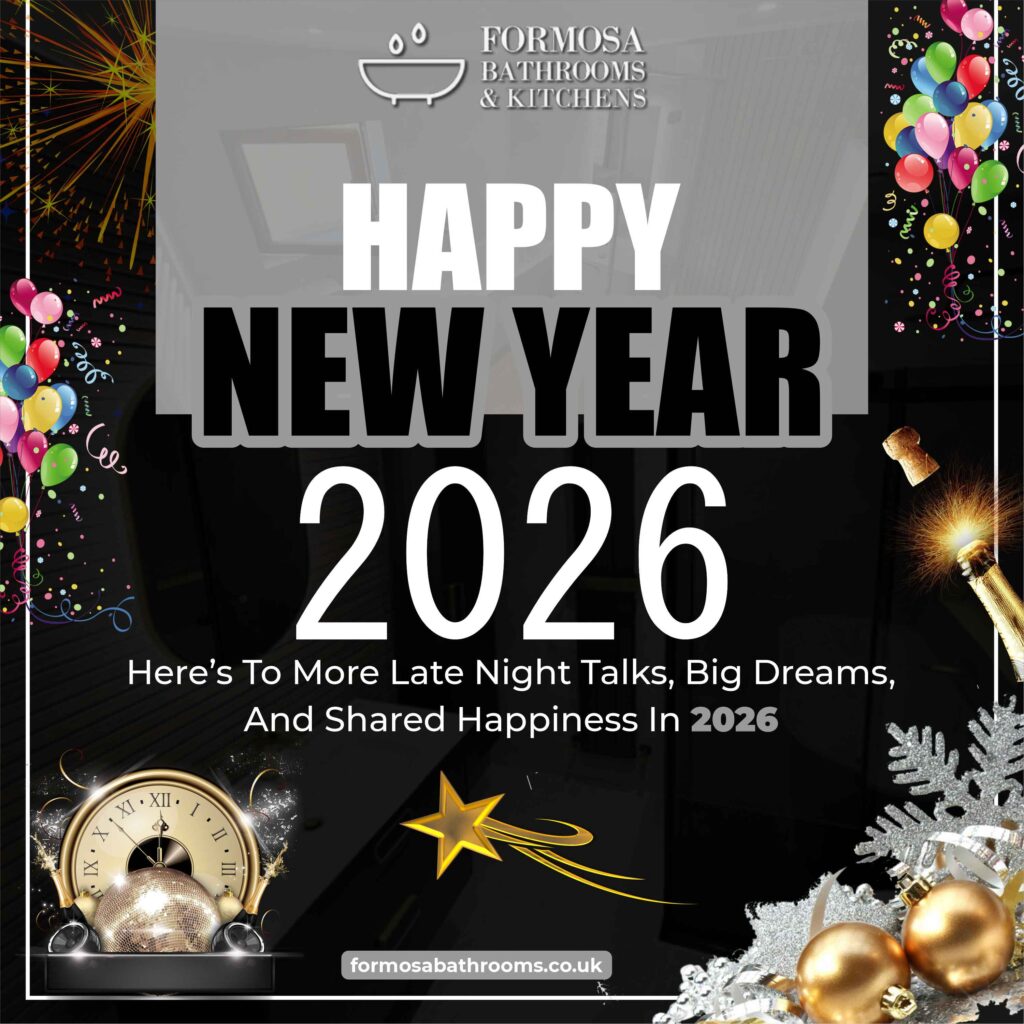 Happy New Year 2026 banner by Formosa Bathrooms & Kitchens with festive decorations and bathroom design theme
