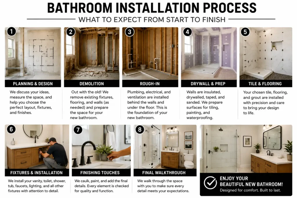 Bathroom installation process infographic showing planning, demolition, plumbing, tiling, fixture installation, and final bathroom completion.