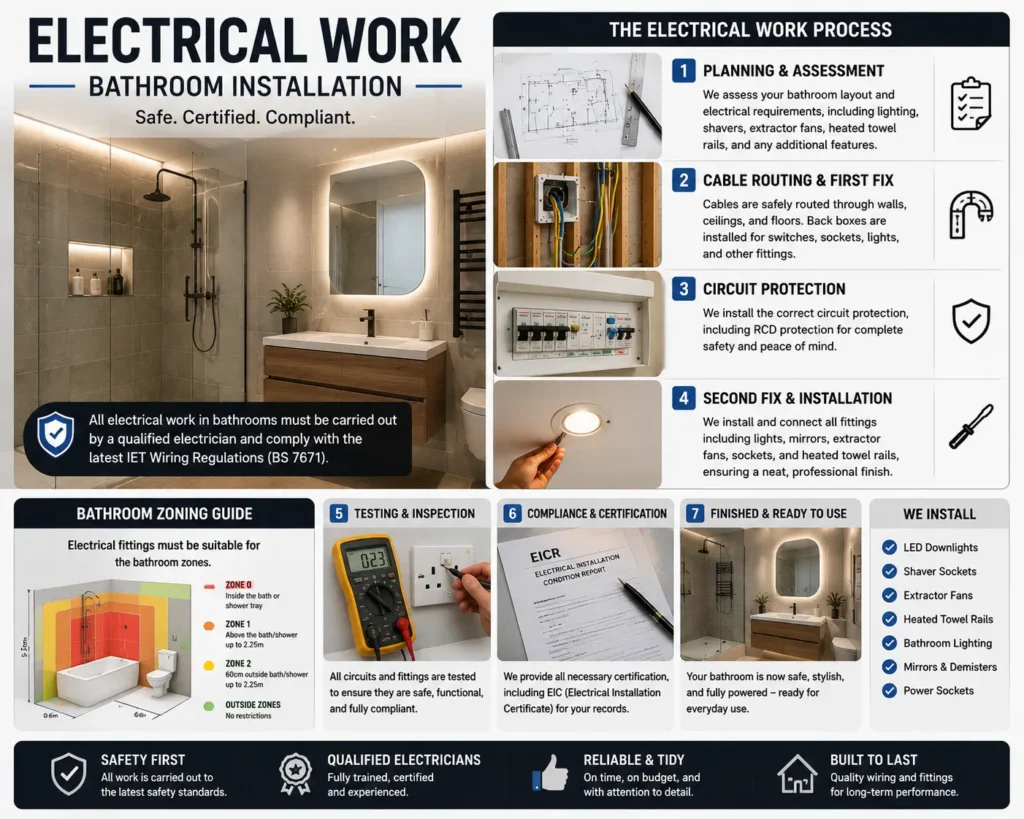Bathroom electrical installation infographic showing wiring, lighting, extractor fans, circuit protection, testing, certification, and electrical safety compliance.