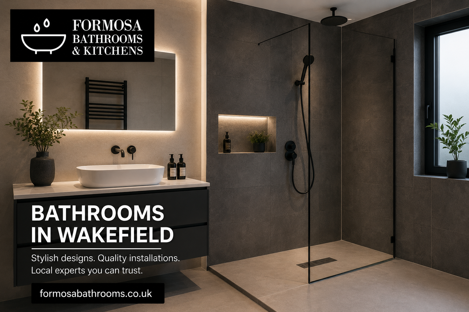 Stylish Bathrooms in Wakefield with recycled tiles, energy-efficient lighting, and contemporary fixtures