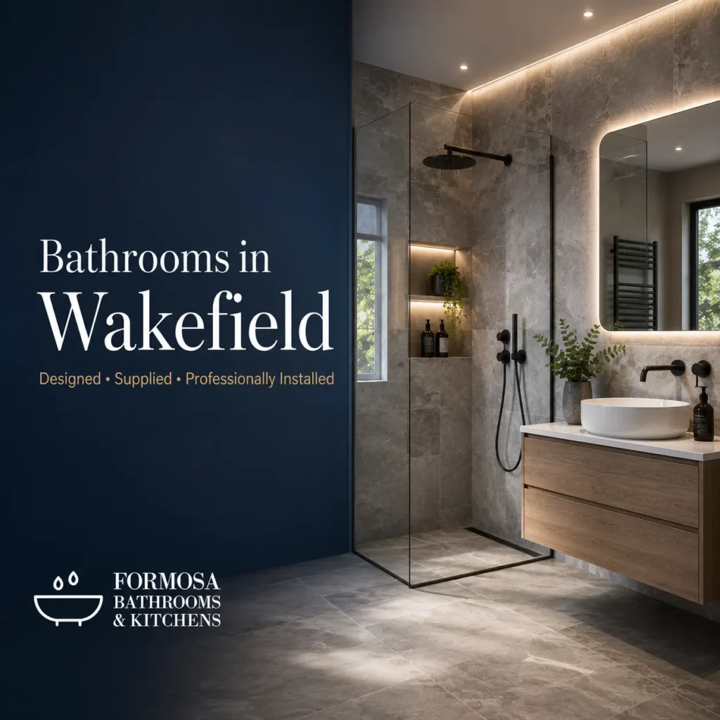 Preamium Wakefield bathroom installation by Formosa Bathrooms & Kitchens showcasing a luxury shower, LED mirror, and contemporary vanity.