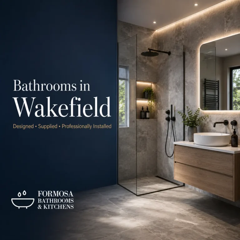 Preamium Wakefield bathroom installation by Formosa Bathrooms & Kitchens showcasing a luxury shower, LED mirror, and contemporary vanity.