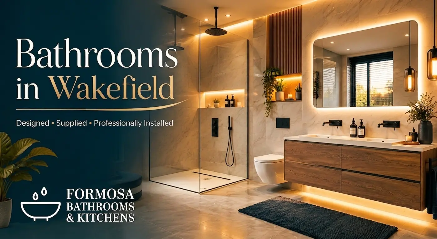 Premium bathroom design and installation in Wakefield featuring a luxury walk-in shower, floating vanity, LED mirror, and marble-effect wall tiles.
