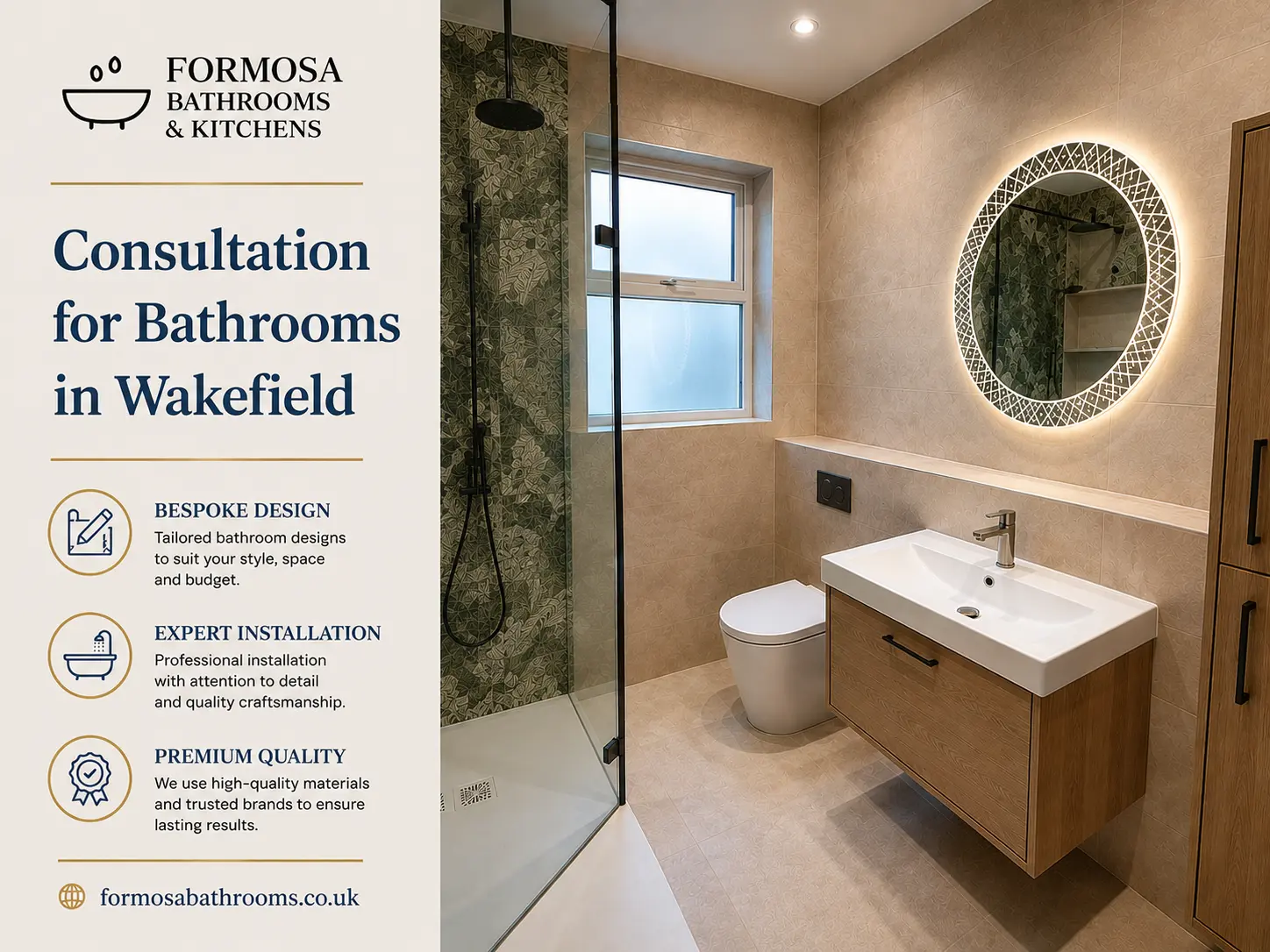 Bathroom consultation service in Wakefield by Formosa Bathrooms & Kitchens showcasing a modern fitted bathroom