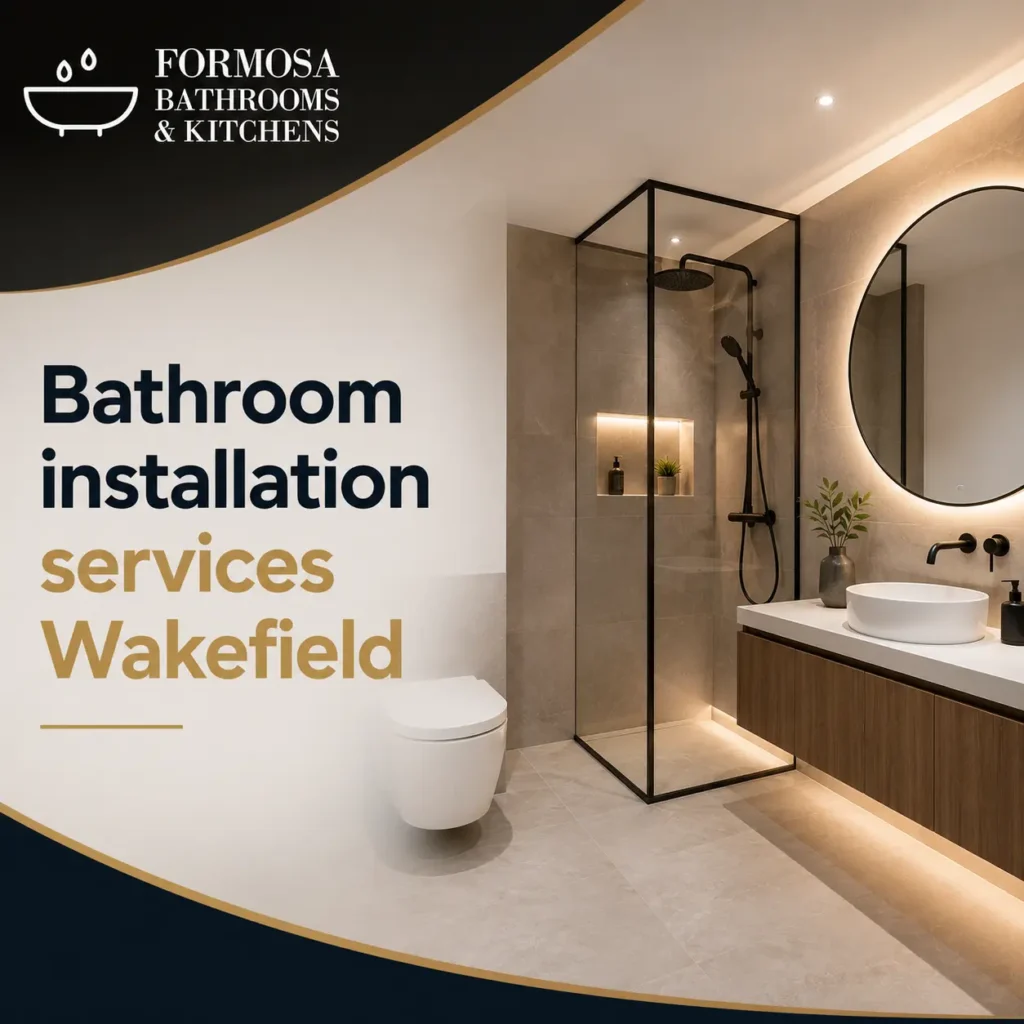 Modern bathroom installation services in Wakefield featuring a luxury walk-in shower, wall-mounted toilet, floating vanity unit, and contemporary bathroom design by Formosa Bathrooms & Kitchens.