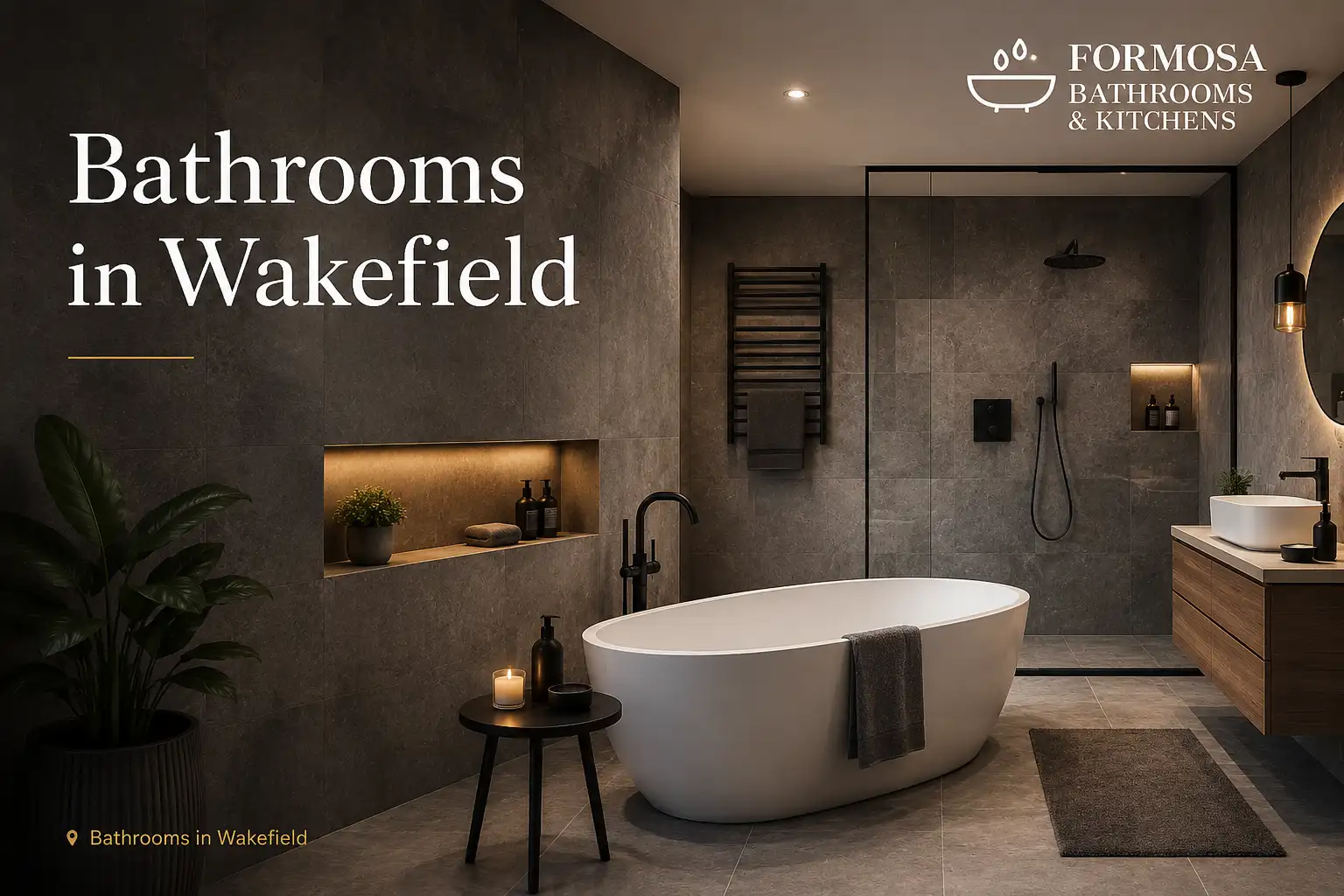 Modern Bathrooms in Wakefield with bespoke vanity and walk-in shower design