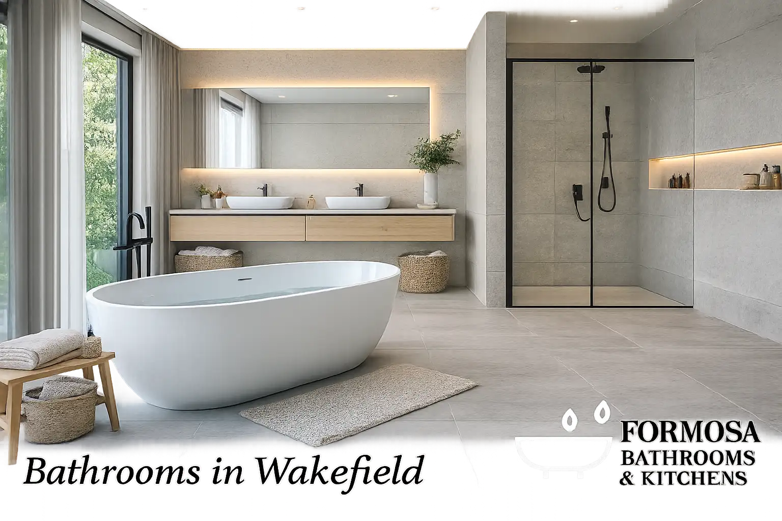 Modern Bathrooms in Wakefield with bespoke vanity and walk-in shower installation