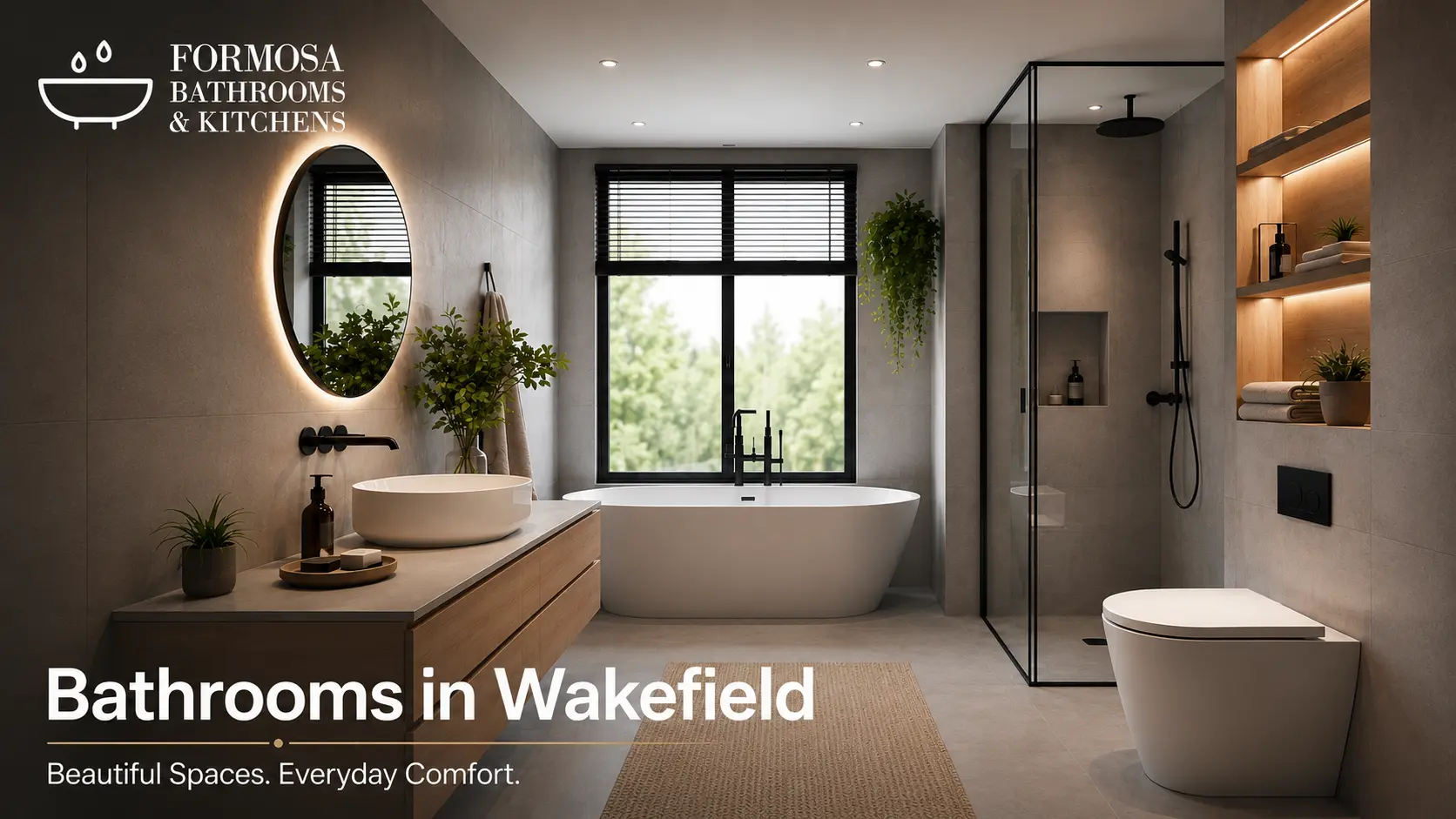Keyword :Bathrooms in Wakefield Company name : Formosa bathrooms and Kitchens Create image to put in a topical article. Use website logo in the image but remove logo's black background. only put keyword in small size and put logo at corner of image image size should be upto 200kb