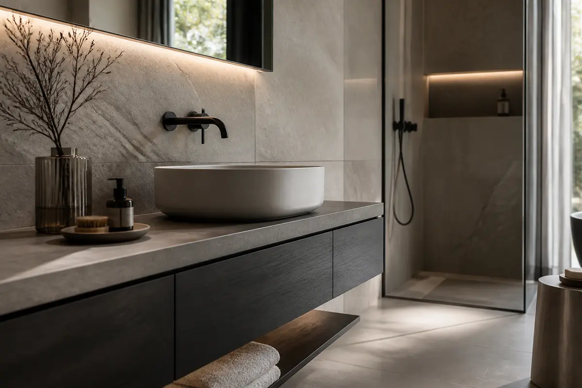 Modern bathroom installation with shower enclosure and vanity unit